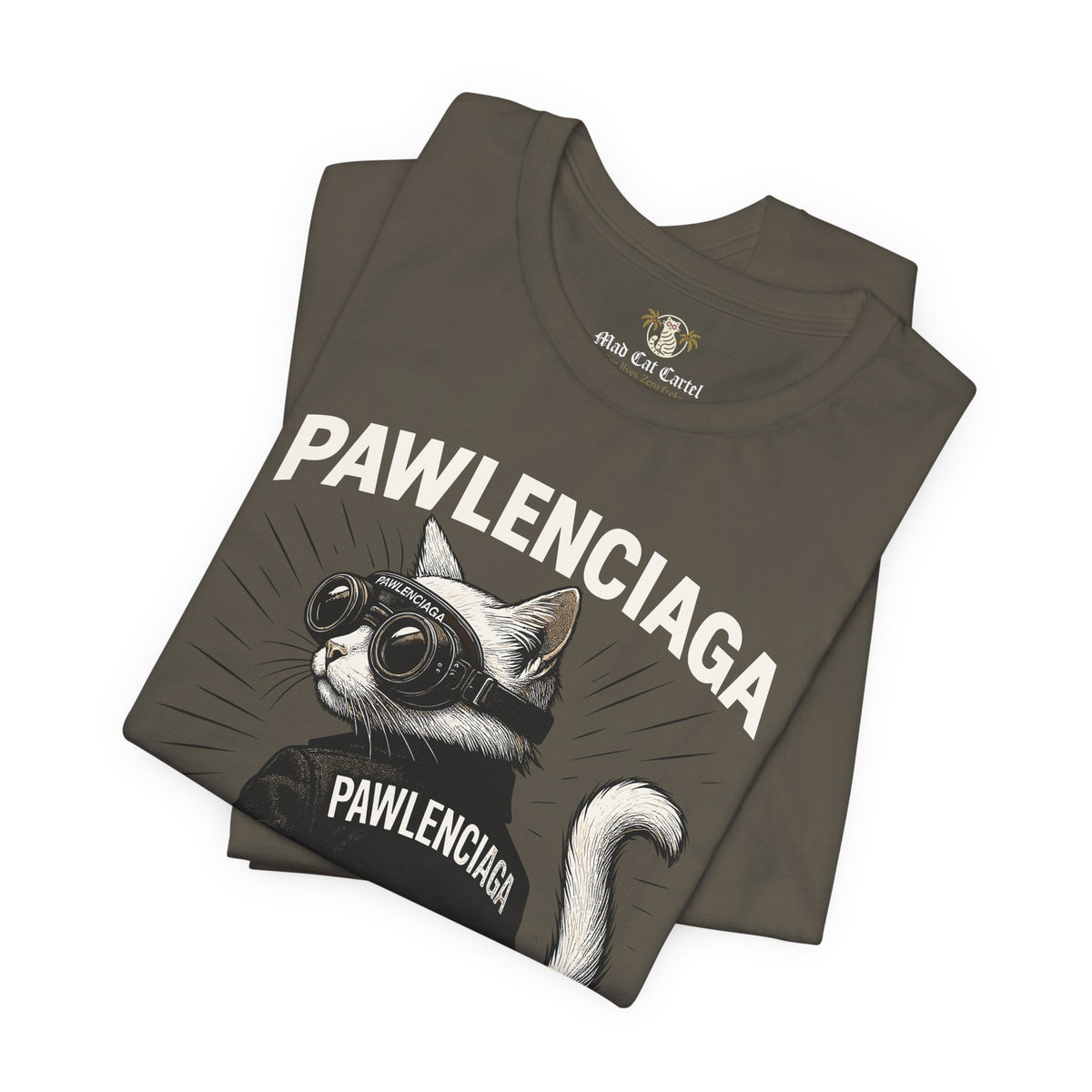Pawlenciaga Cat With Goggles Back Pose Graphic T-Shirt in army, folded