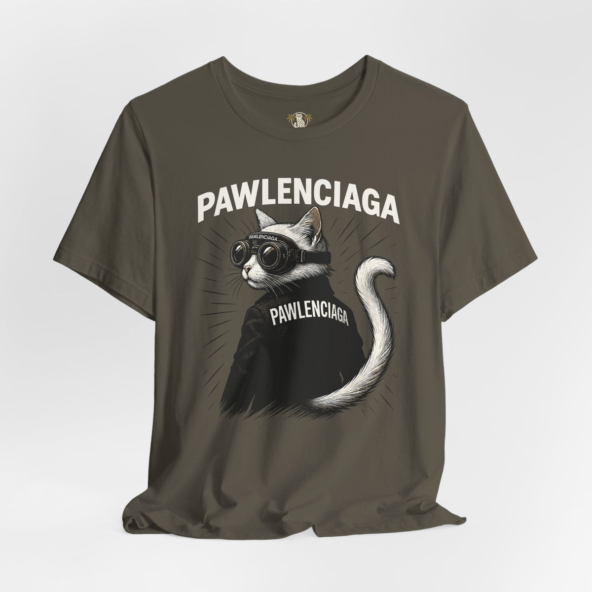 Pawlenciaga Cat With Goggles Back Pose Graphic T-Shirt in army, front view