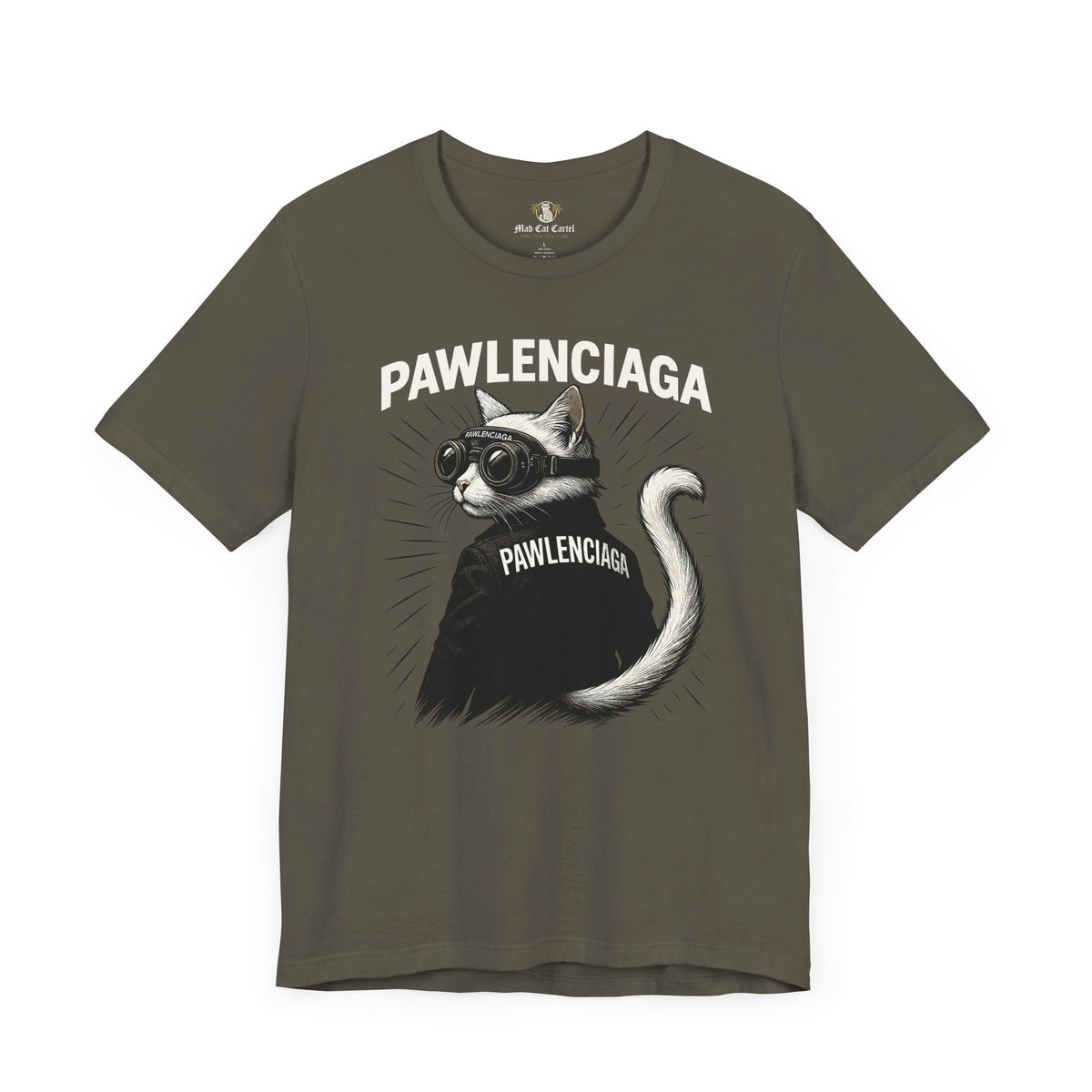 Pawlenciaga Cat With Goggles Back Pose Graphic T-Shirt in army, front view