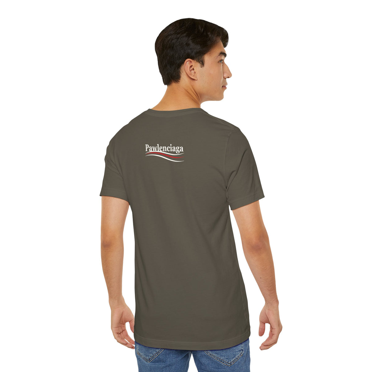 Pawlenciaga Cat With Goggles Back Pose Graphic T-Shirt in army, back view on a male model