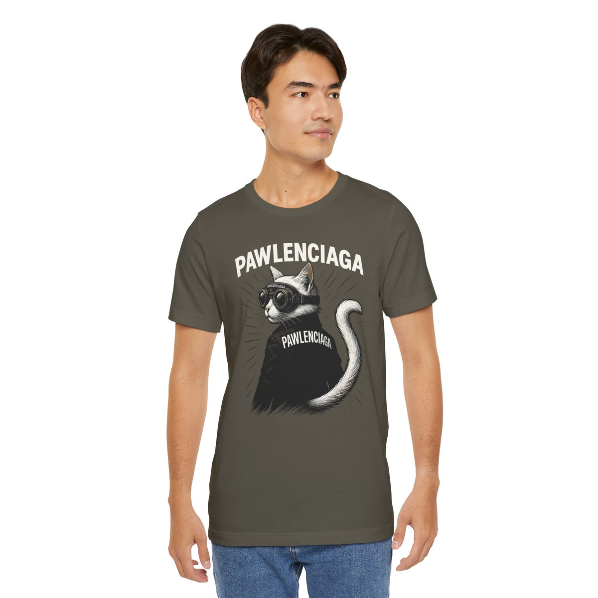 Pawlenciaga Cat With Goggles Back Pose Graphic T-Shirt in army, worn by a male model