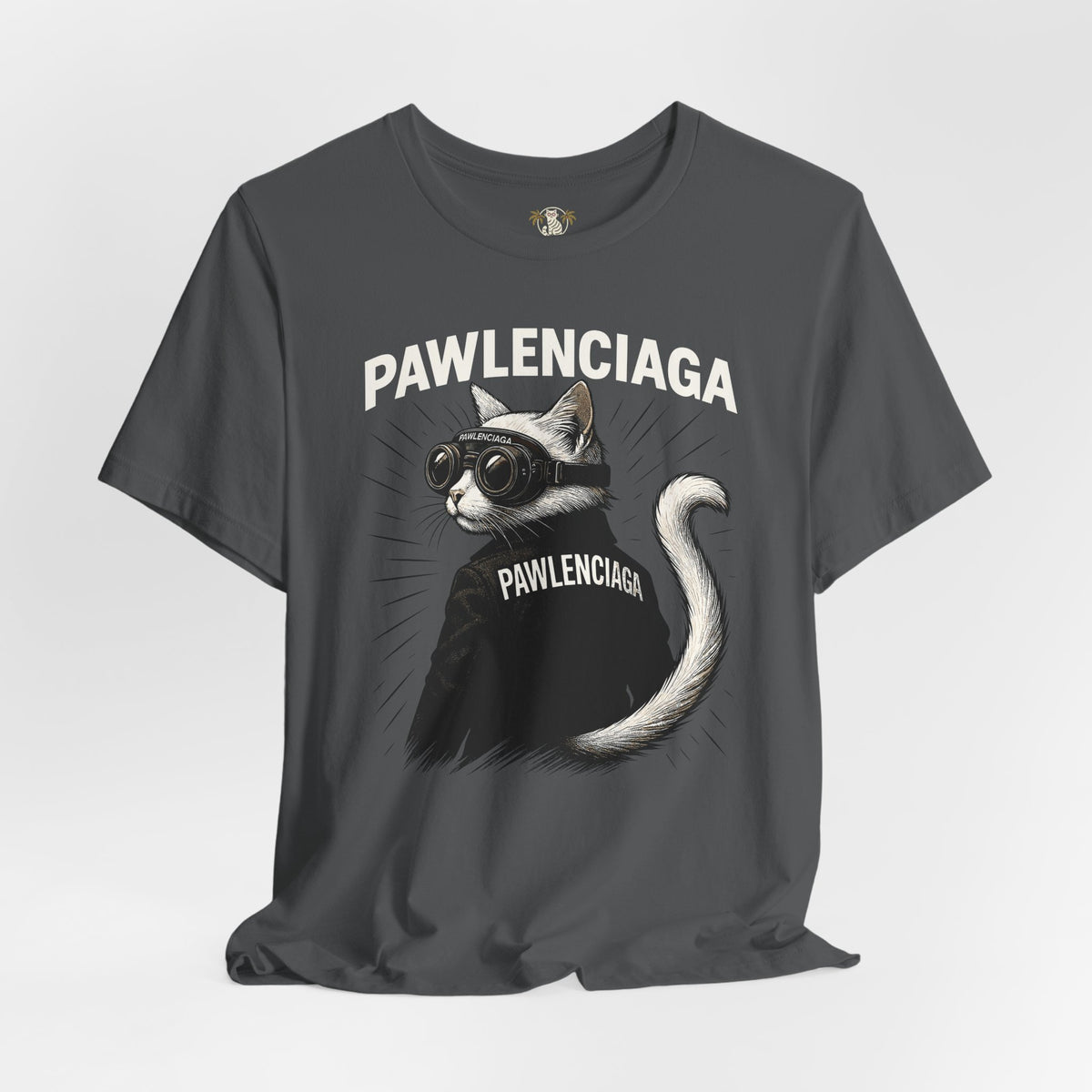 Pawlenciaga Cat With Goggles Back Pose Graphic T-Shirt in asphalt, flat lay