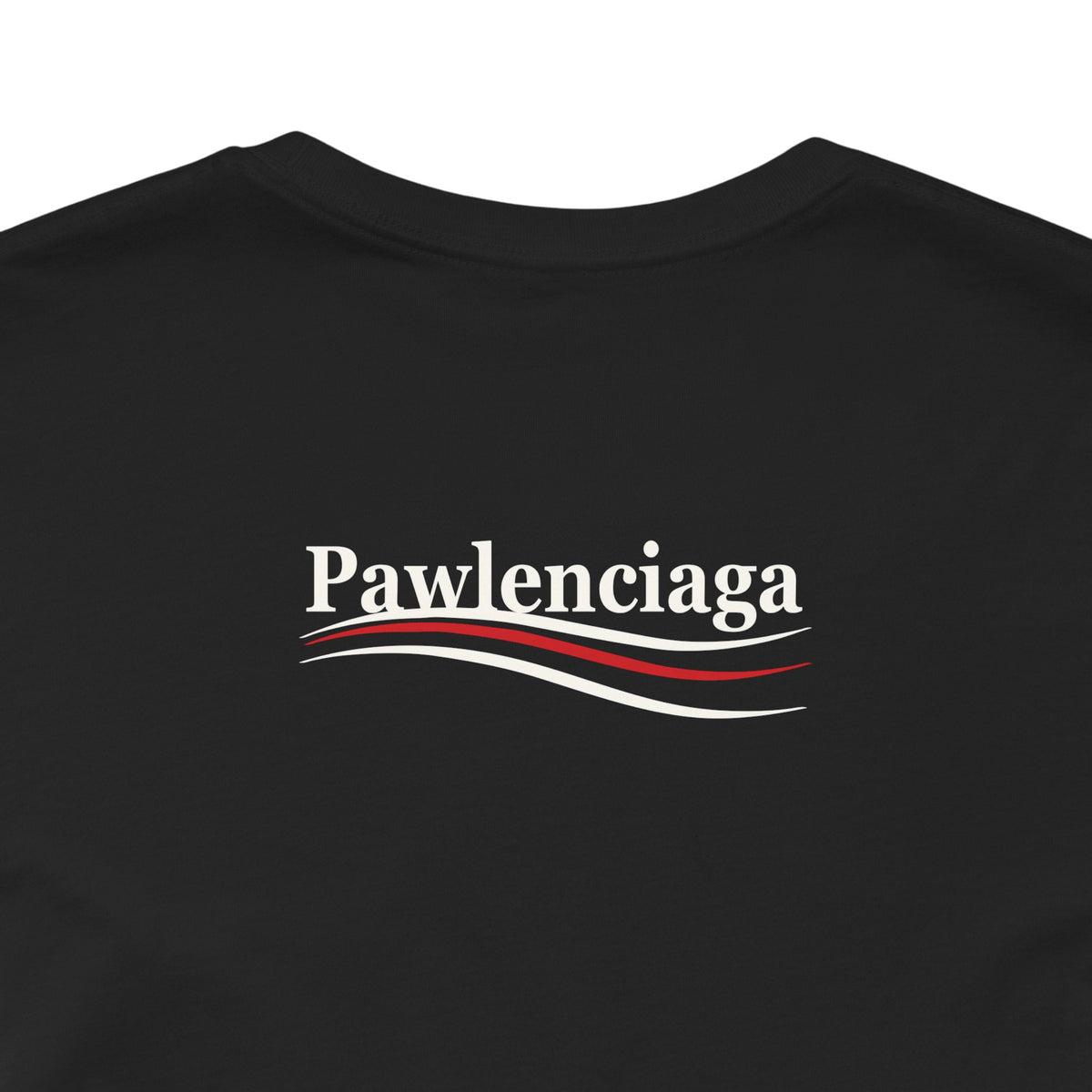 Pawlenciaga Cat With Goggles Back Pose Graphic T-Shirt in black, close-up of the back print