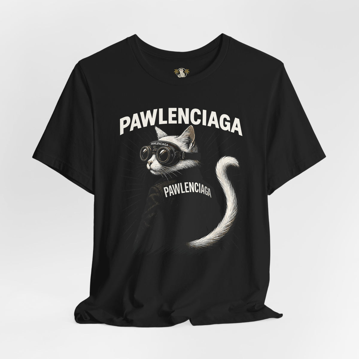 Pawlenciaga Cat With Goggles Back Pose Graphic T-Shirt in black, flat lay