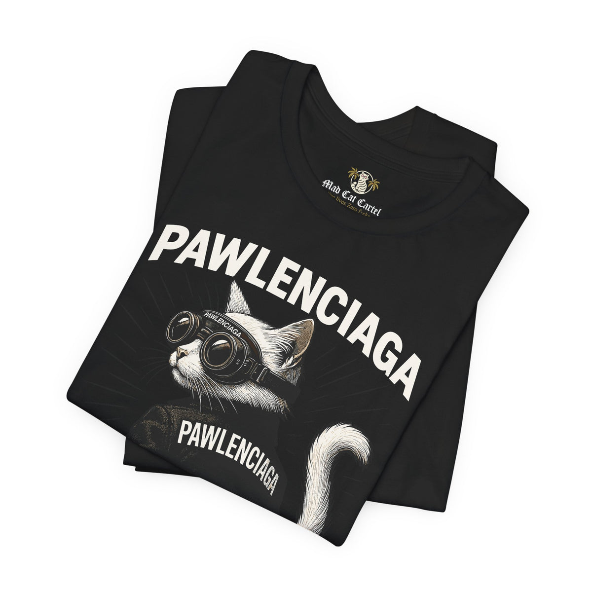 Pawlenciaga Cat With Goggles Back Pose Graphic T-Shirt in black, folded