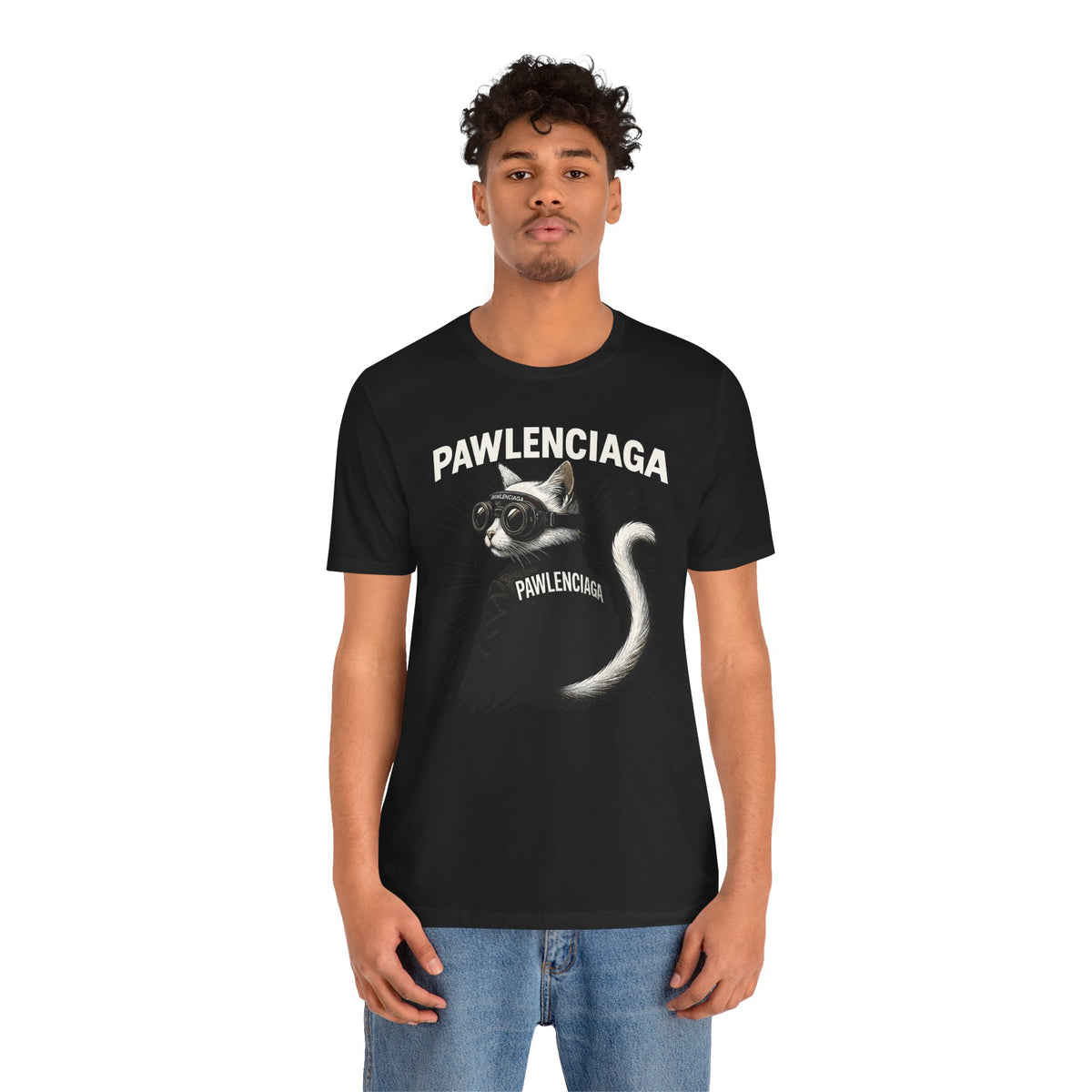 Pawlenciaga Cat With Goggles Back Pose Graphic T-Shirt in black, worn by a model