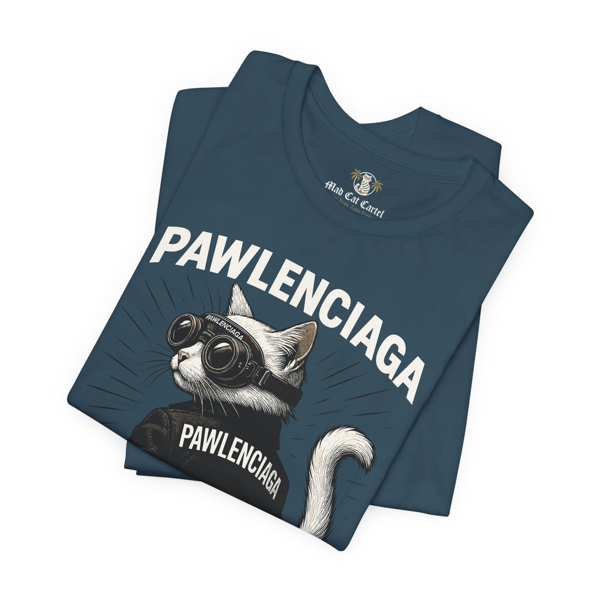 Pawlenciaga Cat With Goggles Back Pose Graphic T-Shirt in deep teal, folded
