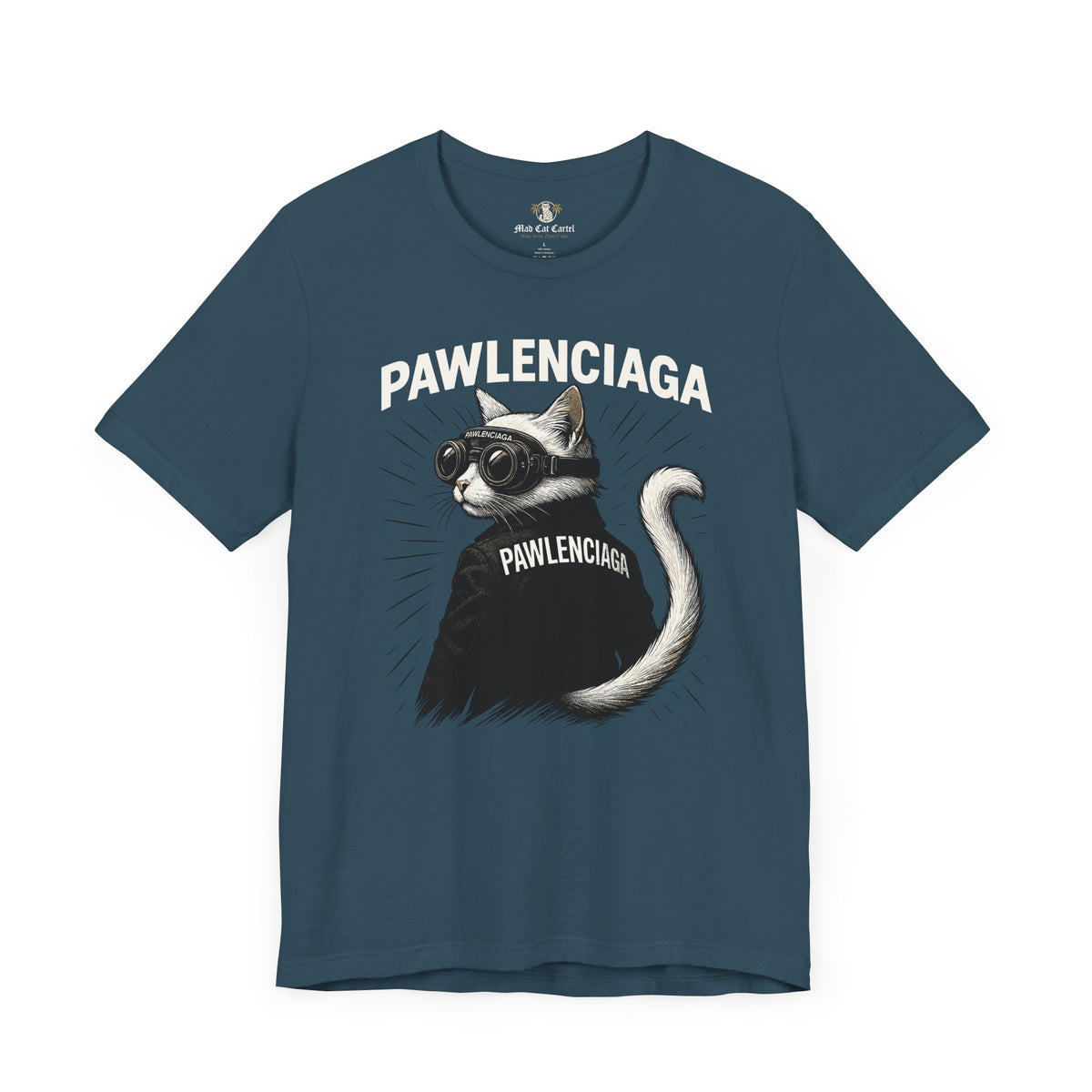 Pawlenciaga Cat With Goggles Back Pose Graphic T-Shirt in deep teal, front view