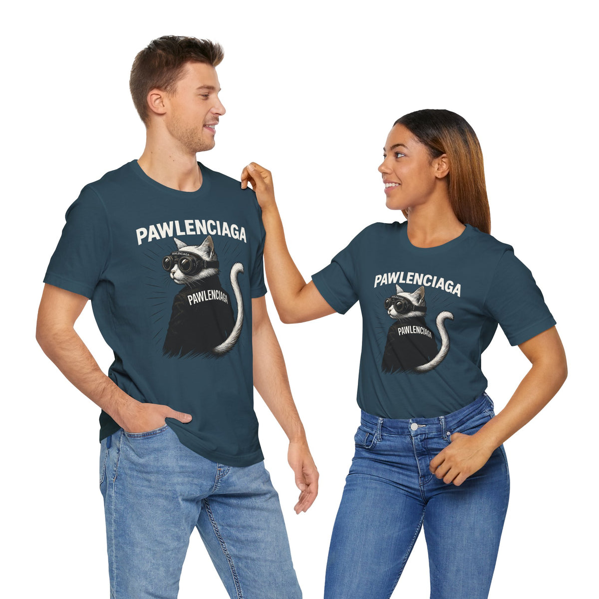 Pawlenciaga Cat With Goggles Back Pose Graphic T-Shirt in deep teal, worn by two models