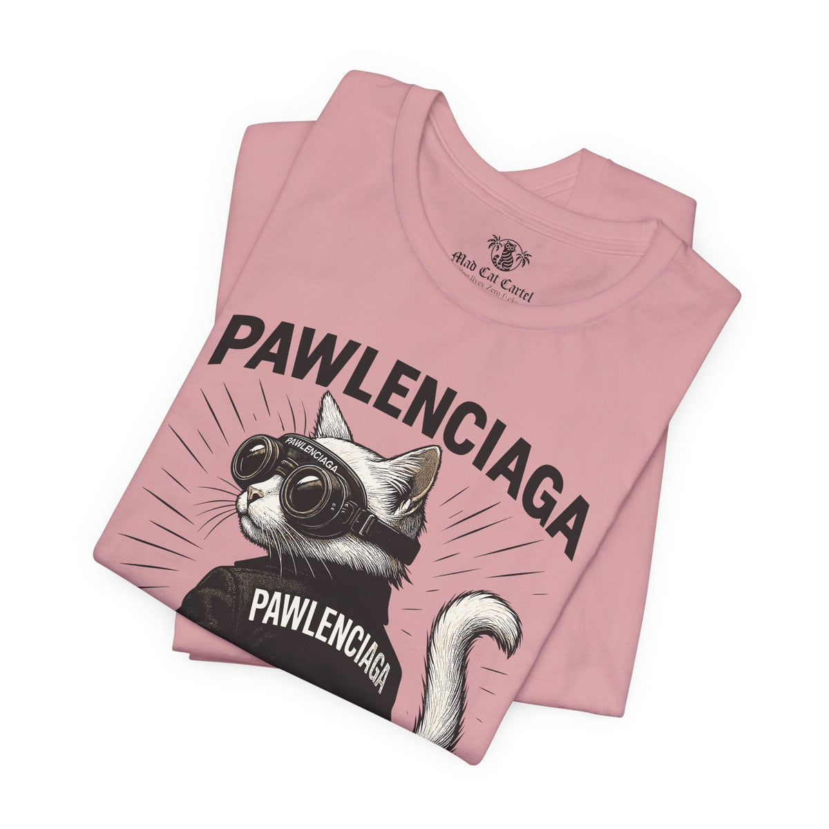 Pawlenciaga Cat With Goggles Back Pose Graphic T-Shirt in orchid, folded