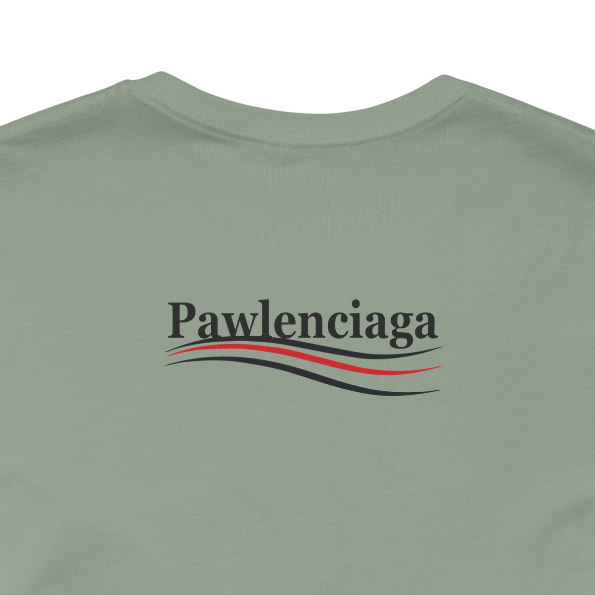 Pawlenciaga Cat With Goggles Back Pose Graphic T-Shirt in sage, close-up of the back print