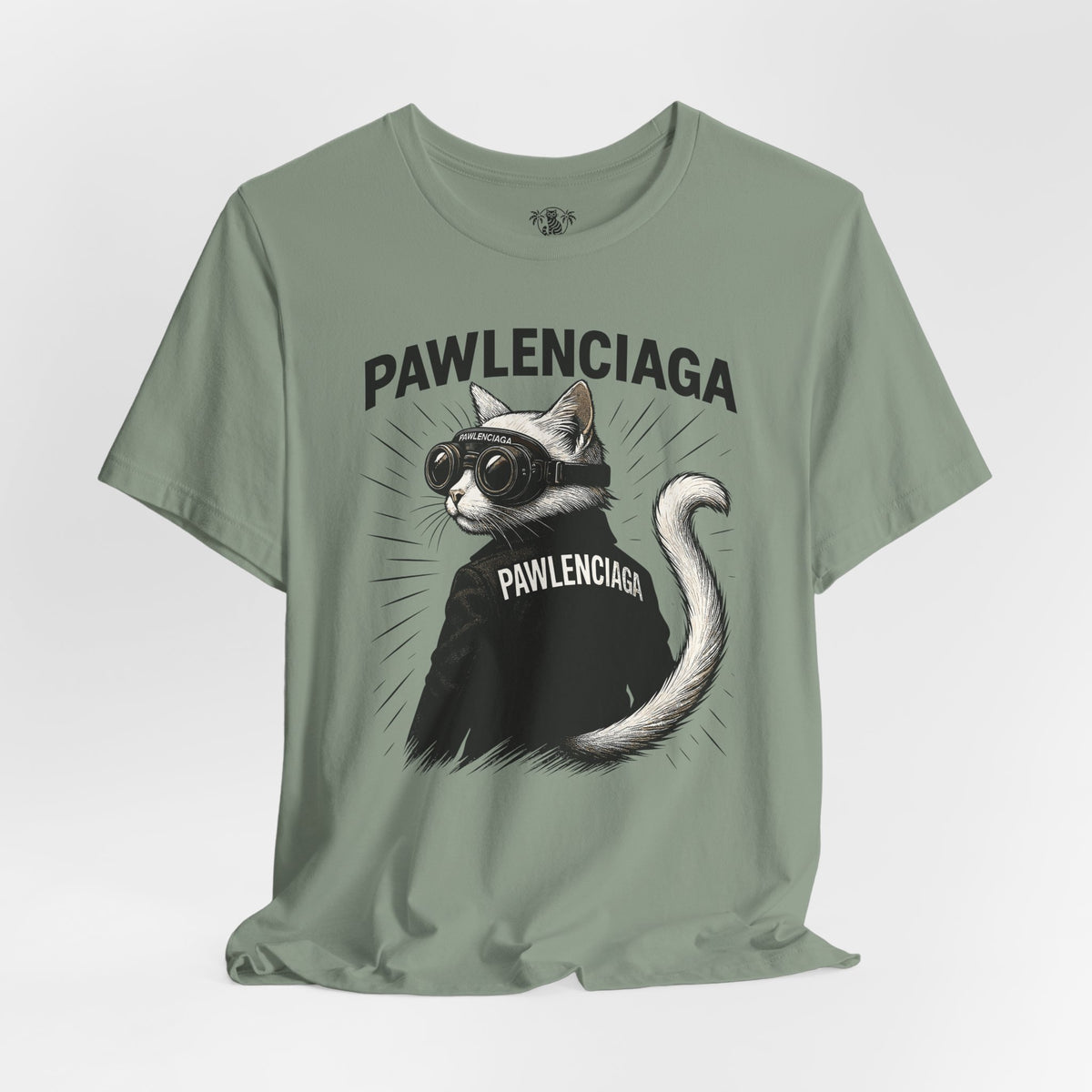 Pawlenciaga Cat With Goggles Back Pose Graphic T-Shirt in sage, flat lay