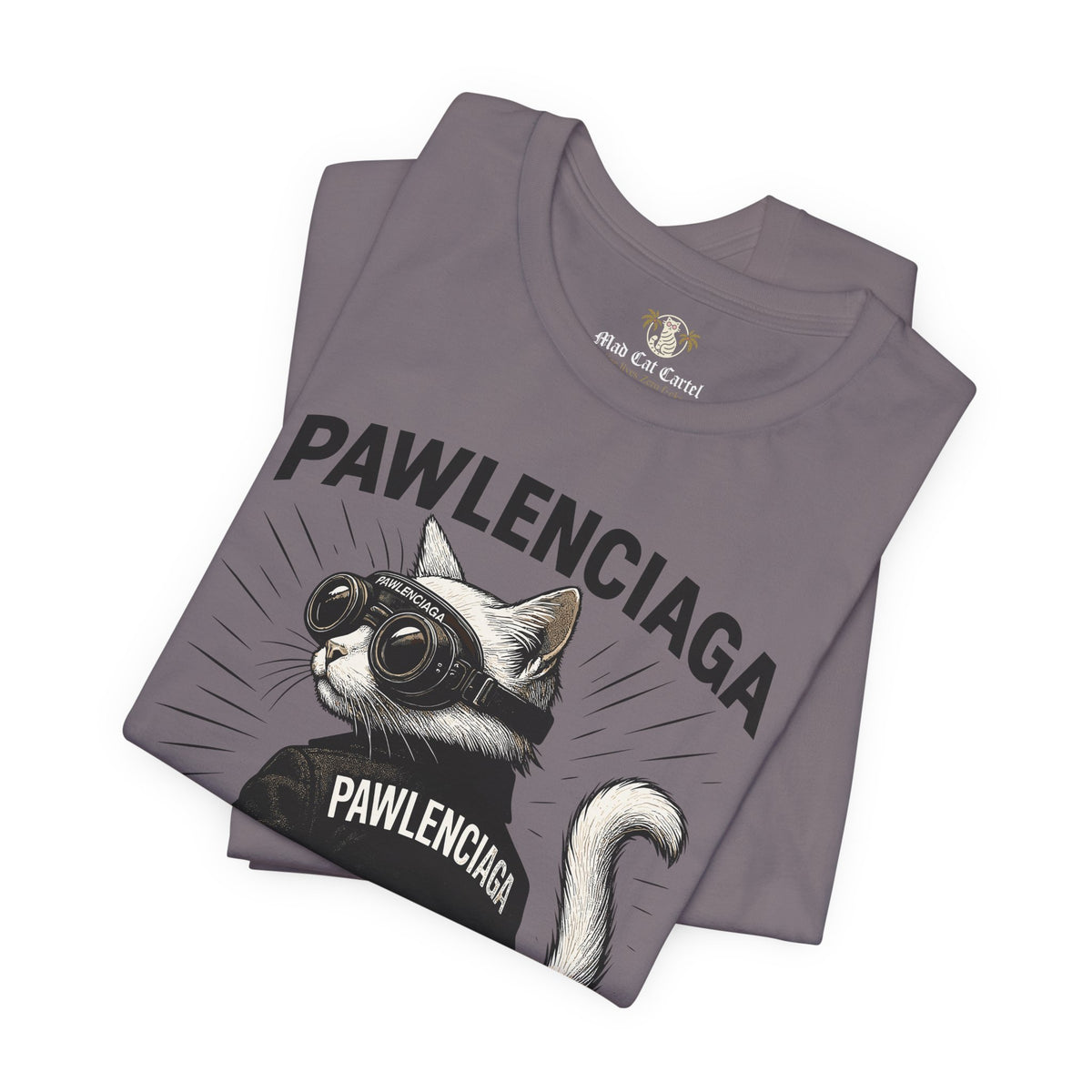 Pawlenciaga Cat With Goggles Back Pose Graphic T-Shirt in storm, folded