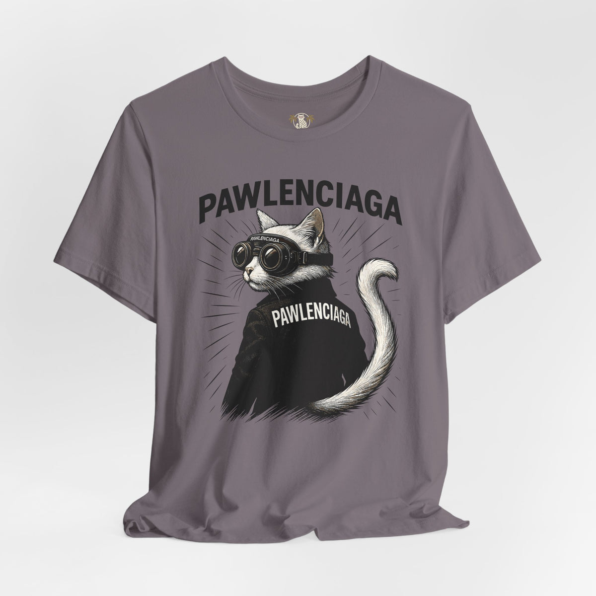 Pawlenciaga Cat With Goggles Back Pose Graphic T-Shirt in storm, front view