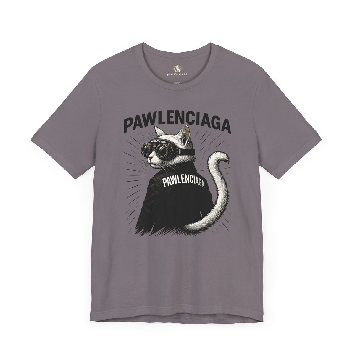 Pawlenciaga Cat With Goggles Back Pose Graphic T-Shirt in storm, front view