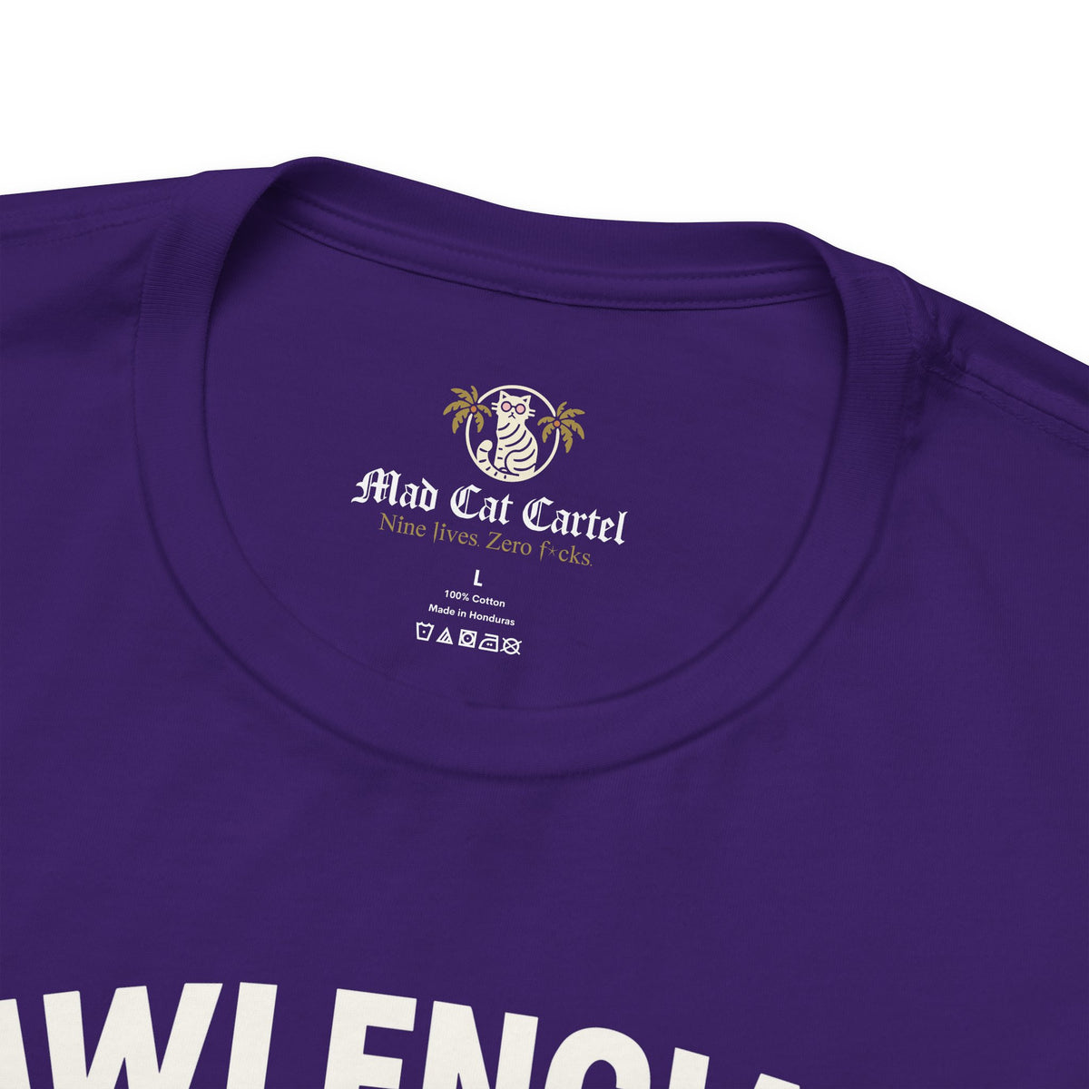 Pawlenciaga Cat With Goggles Back Pose Graphic T-Shirt in team purple, close-up detail