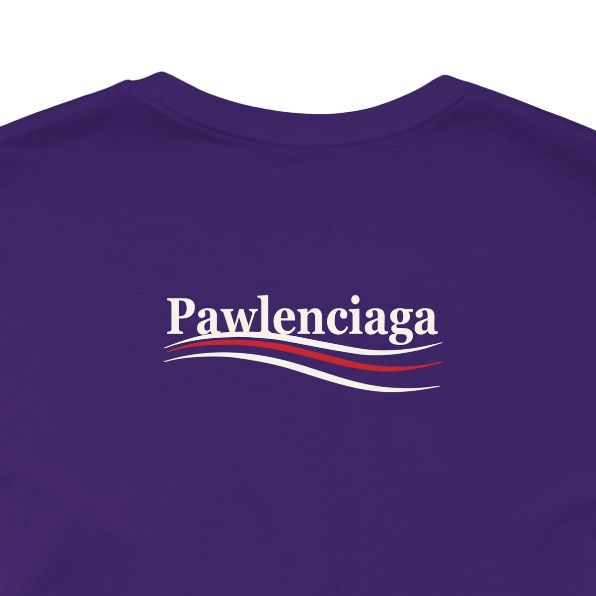 Pawlenciaga Cat With Goggles Back Pose Graphic T-Shirt in team purple, close-up detail