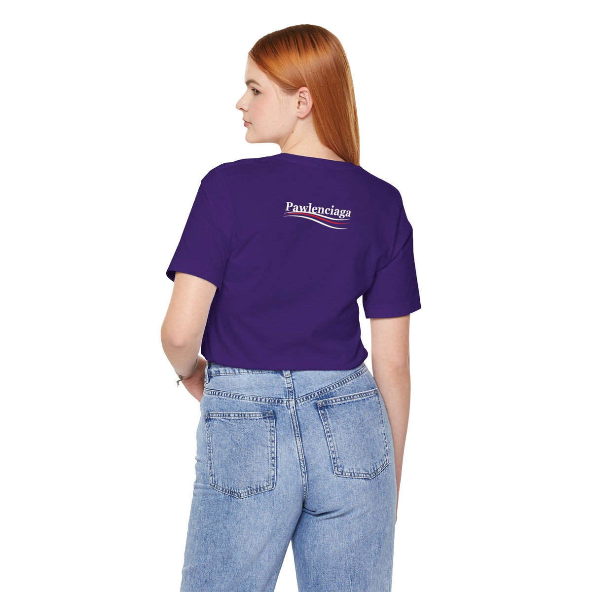 Pawlenciaga Cat With Goggles Back Pose Graphic T-Shirt in team purple, back view on a female model