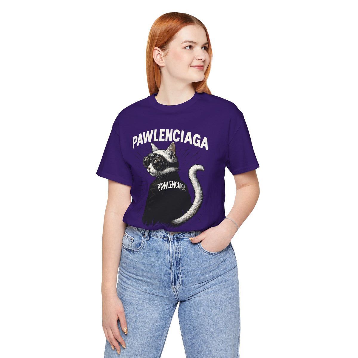 Pawlenciaga Cat With Goggles Back Pose Graphic T-Shirt in team purple, worn by a female model