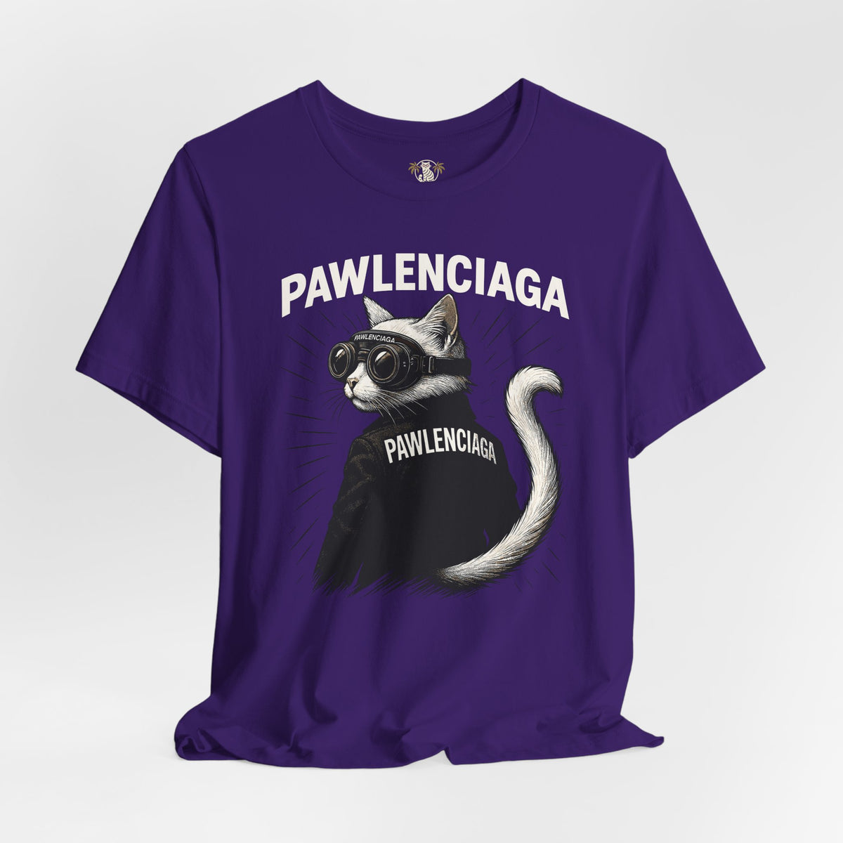 Pawlenciaga Cat With Goggles Back Pose Graphic T-Shirt in team purple, flat lay
