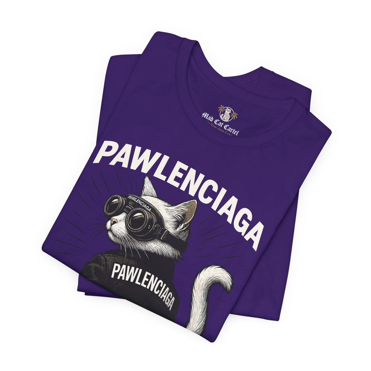 Pawlenciaga Cat With Goggles Back Pose Graphic T-Shirt in team purple, folded
