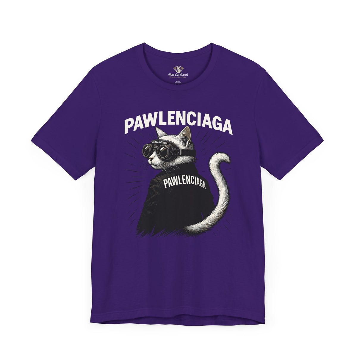 Pawlenciaga Cat With Goggles Back Pose Graphic T-Shirt in team purple, front view
