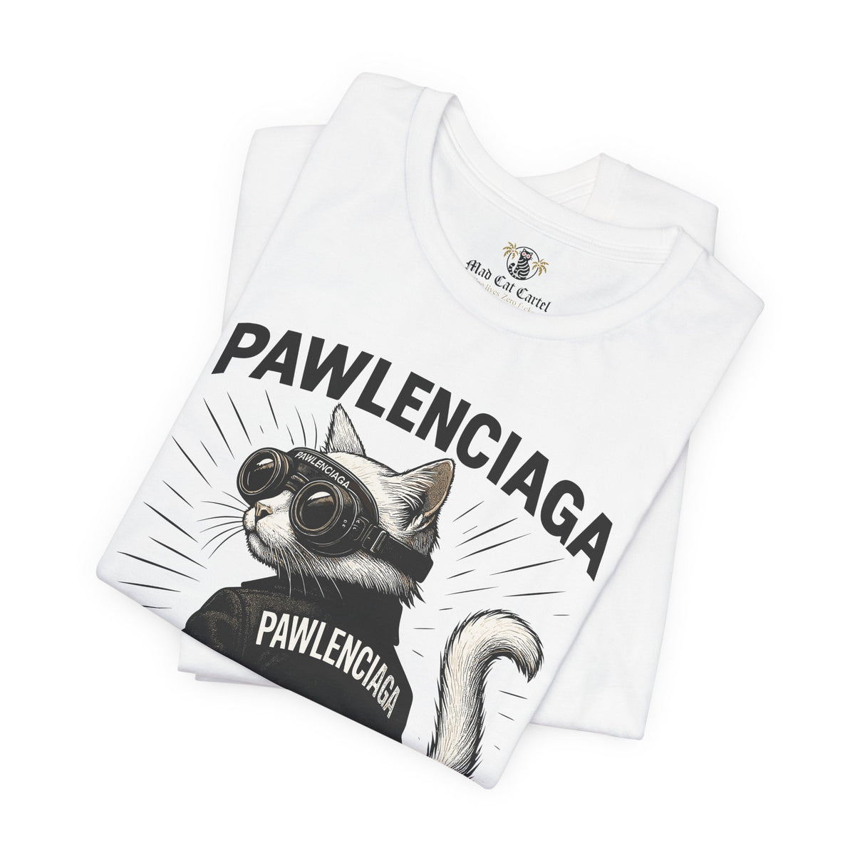 Pawlenciaga Cat With Goggles Back Pose Graphic T-Shirt in white, folded
