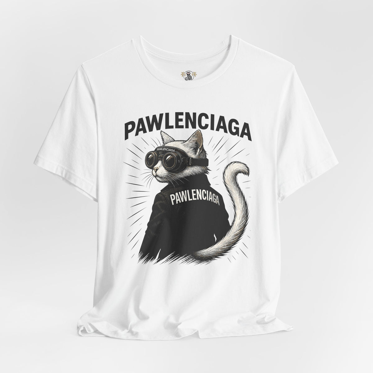 Pawlenciaga Cat With Goggles Back Pose Graphic T-Shirt in white, front view