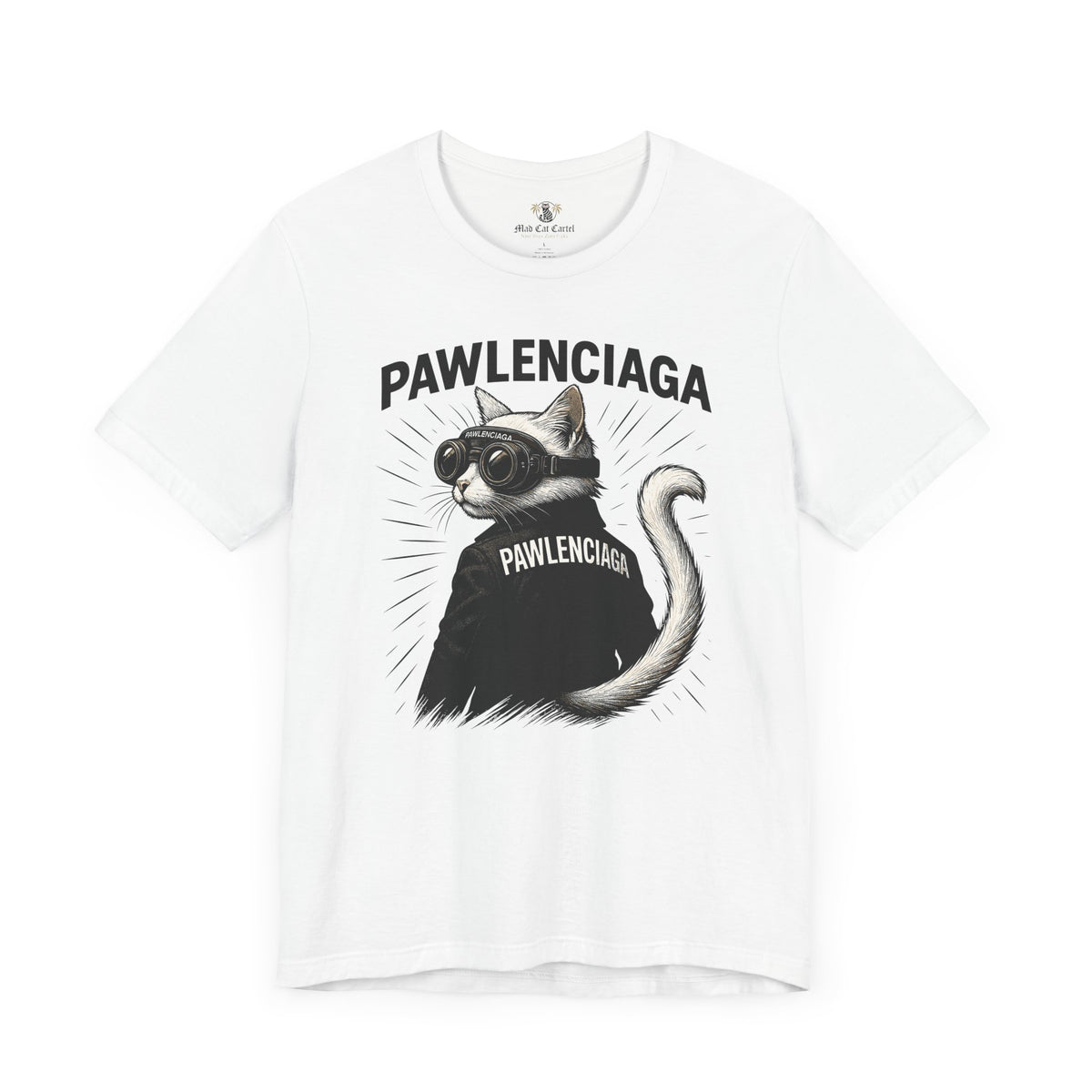 Pawlenciaga Cat With Goggles Back Pose Graphic T-Shirt in white, front view