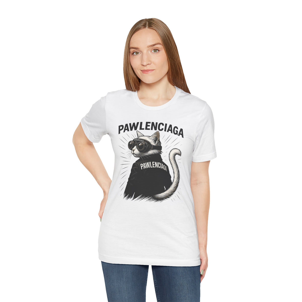 Pawlenciaga Cat With Goggles Back Pose Graphic T-Shirt in white, worn by a model