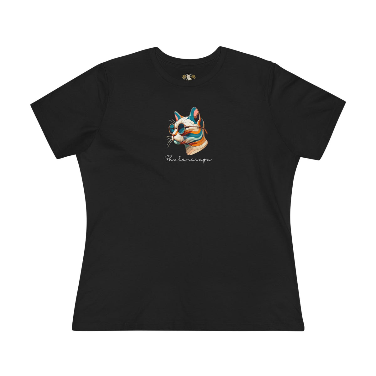 Pawlenciaga Chest Cat Graphic Icon Women's T-Shirt in black, front view