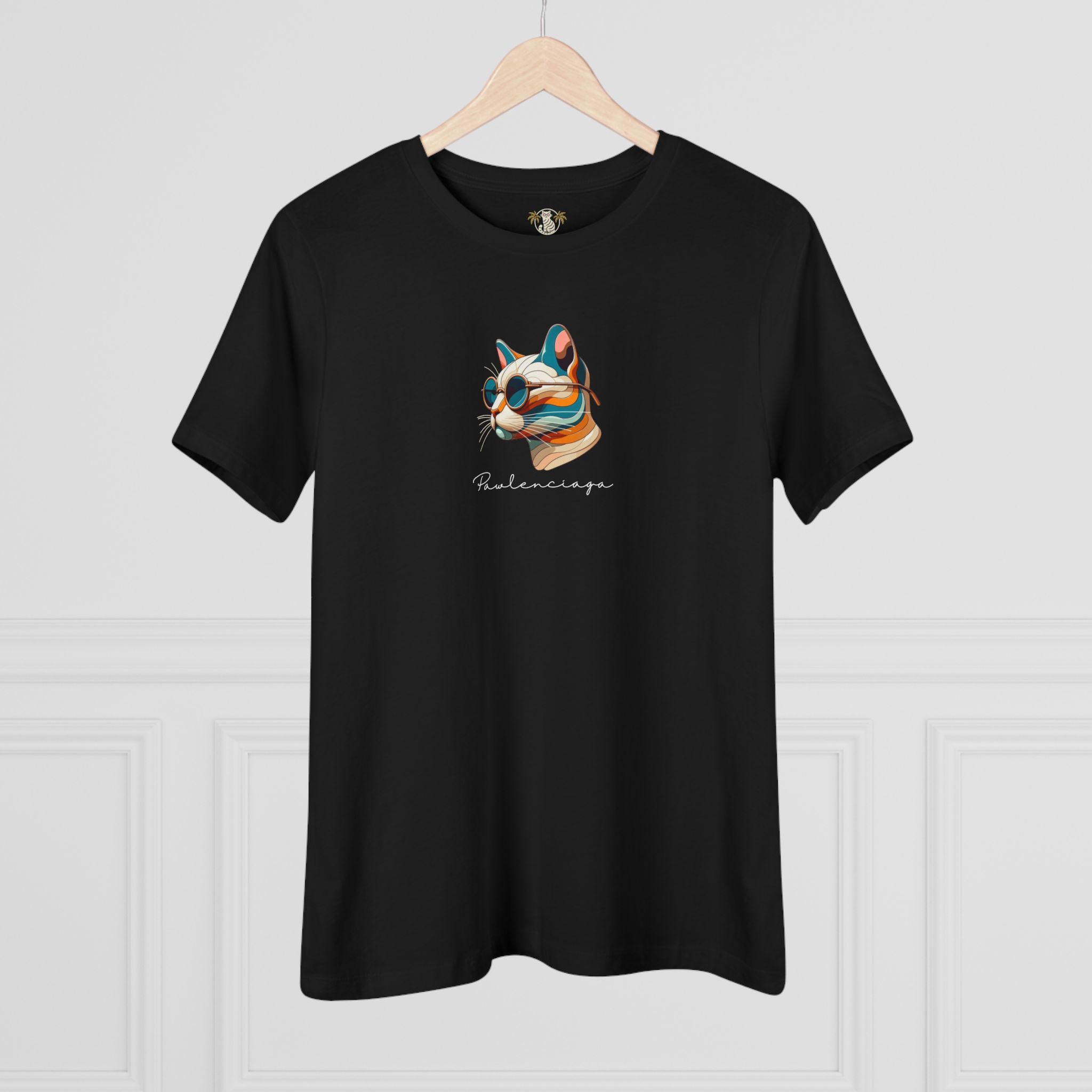 Pawlenciaga Chest Cat Graphic Icon Women's T-Shirt in black, on a hanger