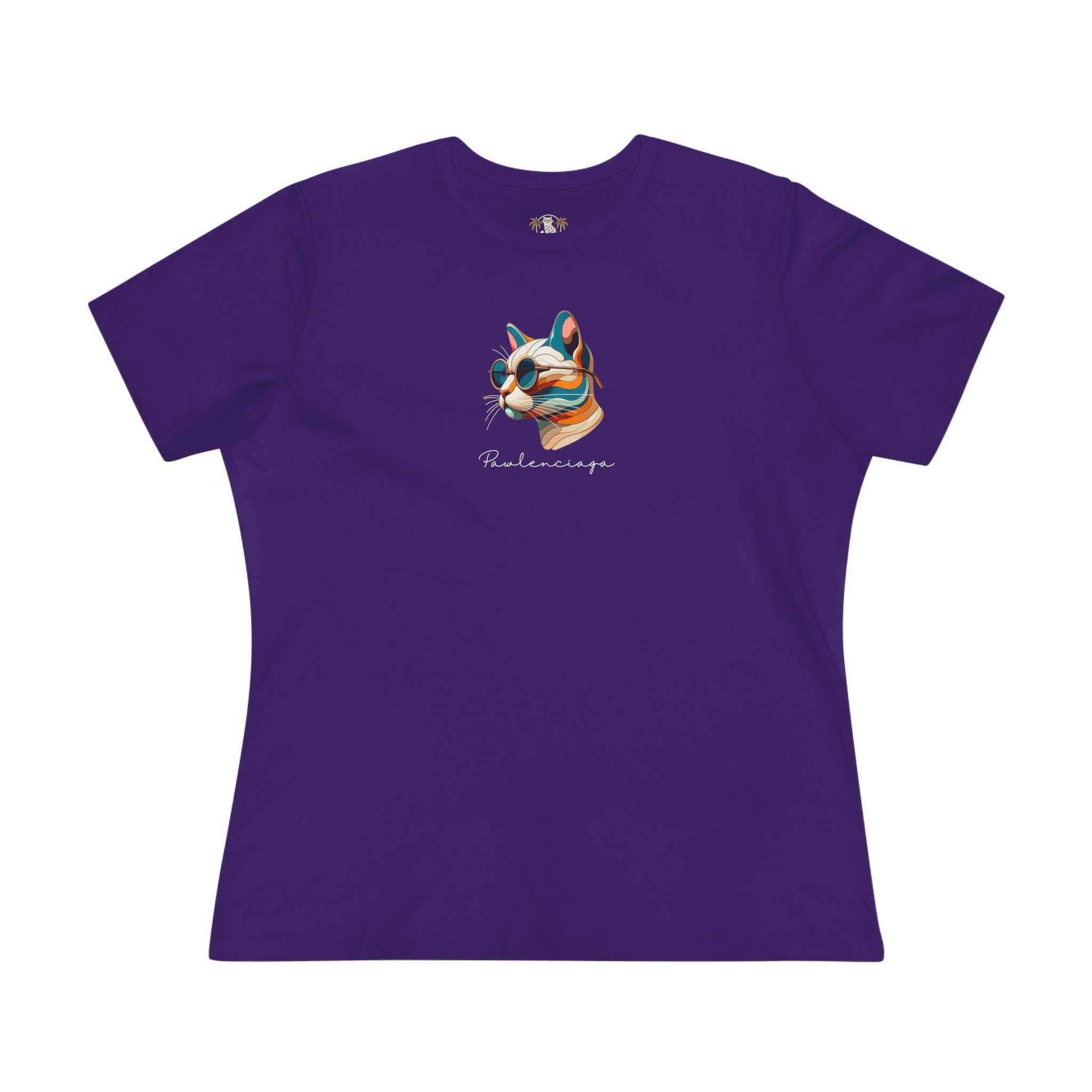 Pawlenciaga Chest Cat Graphic Icon Women's T-Shirt in team purple, front view