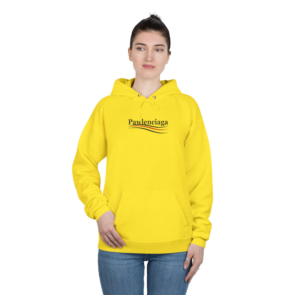 Pawlenciaga Chest Logo Graphic Hoodie in athletic yellow, worn by a female model
