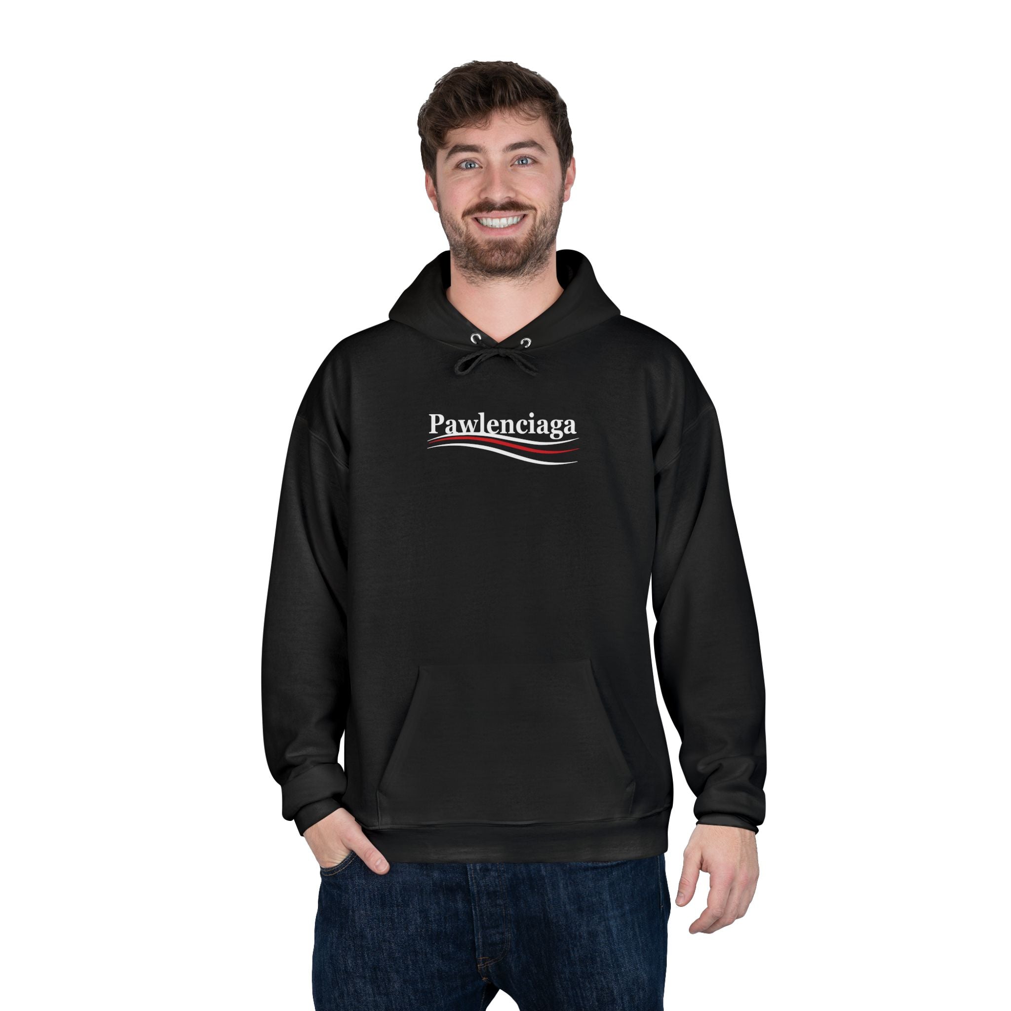 Pawlenciaga Chest Logo Graphic Hoodie in black, worn by a male model
