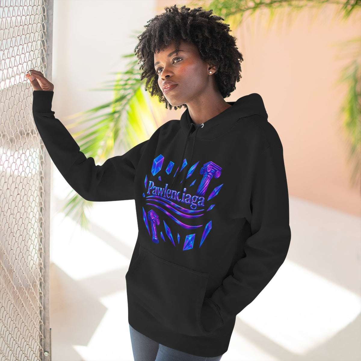 Pawlenciaga Crystal Empire Cat Graphic Black Hoodie, worn by a female model