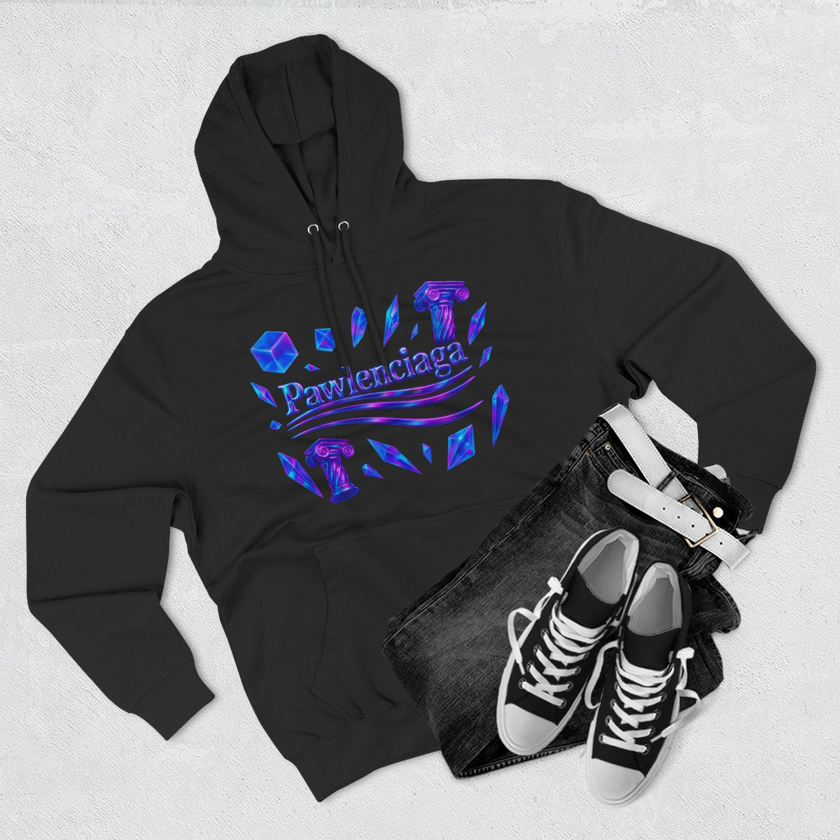 Pawlenciaga Crystal Empire Cat Graphic Black Hoodie, flat lay