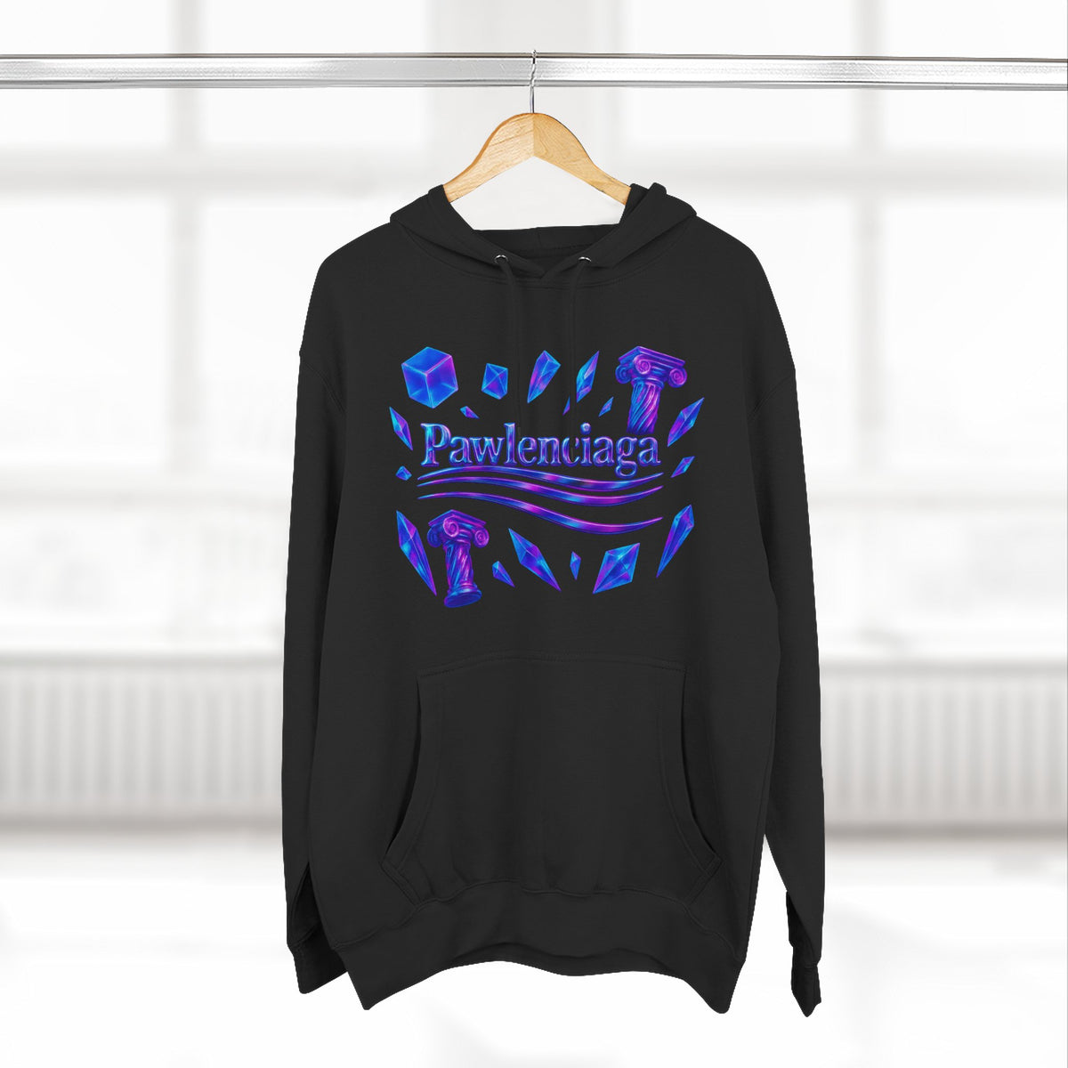 Pawlenciaga Crystal Empire Cat Graphic Black Hoodie, on a hanger