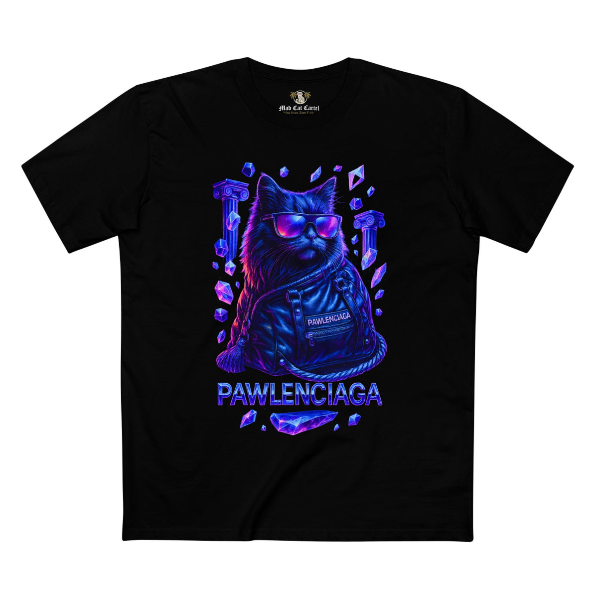Pawlenciaga Crystal Empire Cat Graphic Black T-Shirt, front view