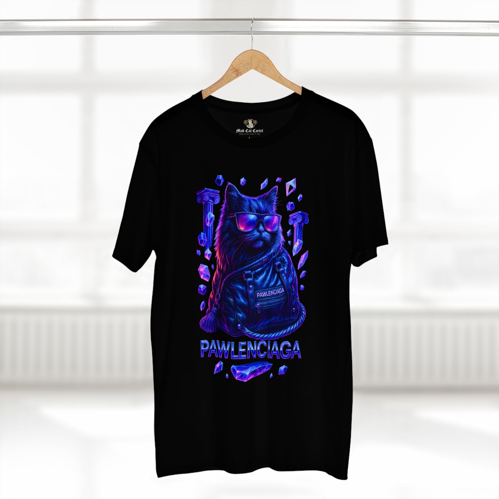 Pawlenciaga Crystal Empire Cat Graphic Black T-Shirt, on a hanger