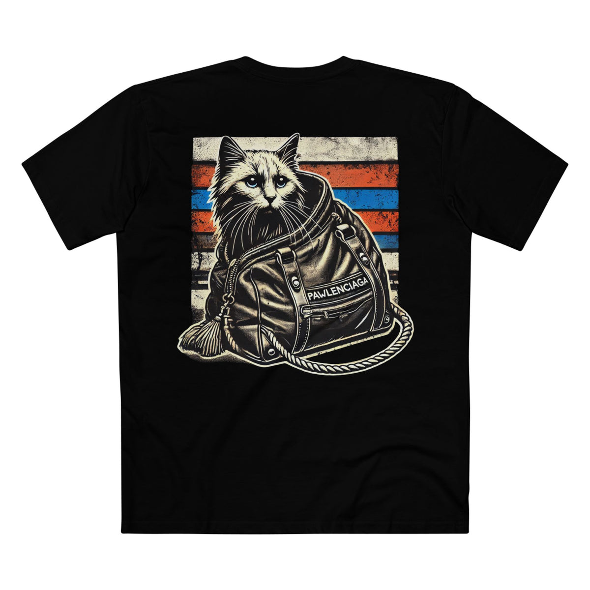 Pawlenciaga Designer Carry-On Cat Graphic Black T-Shirt, flat lay, back