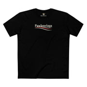 Pawlenciaga Designer Carry-On Cat Graphic Black T-Shirt, flat lay
