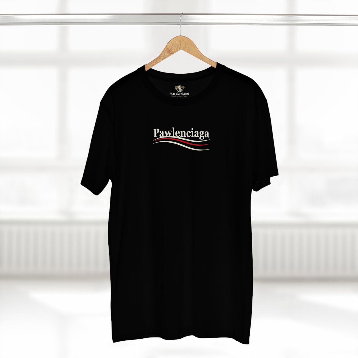 Pawlenciaga Designer Carry-On Cat Graphic Black T-Shirt, on a hanger