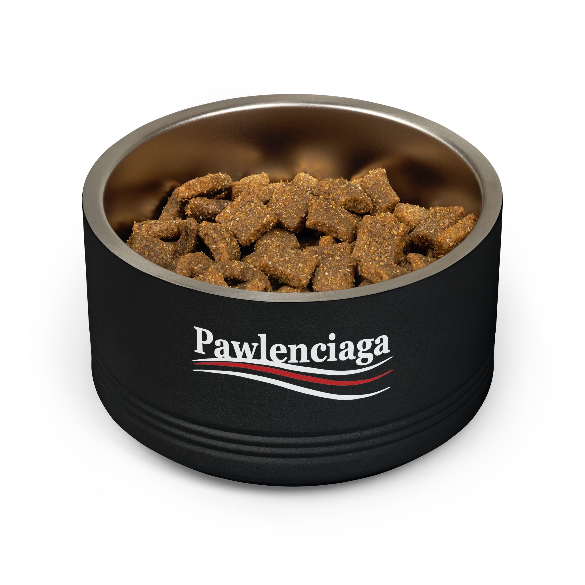Pawlenciaga Logo Designer Stainless Steel Cat Bowl in black, filled with cat food