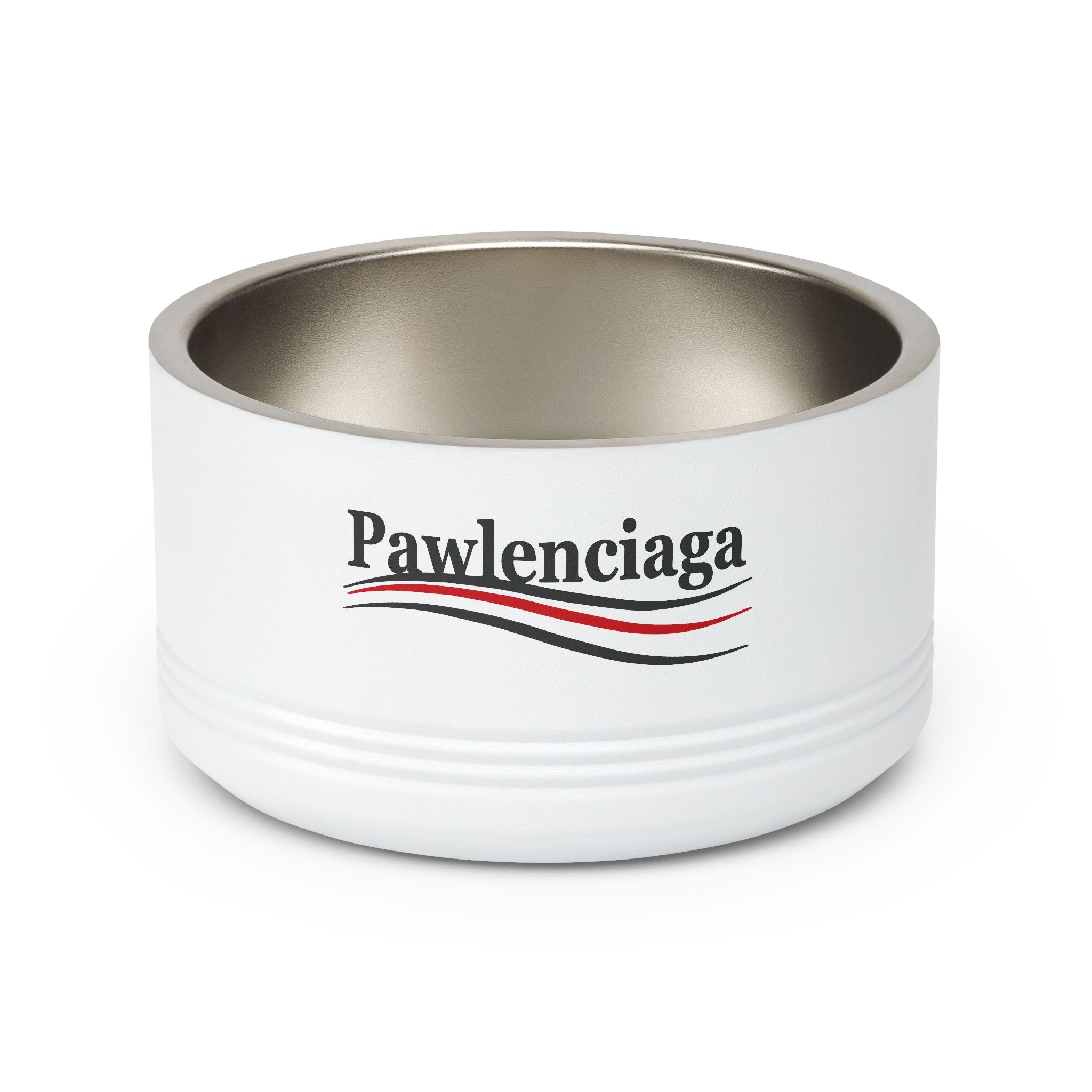 Pawlenciaga Logo Designer Stainless Steel Cat Bowl in white, front view