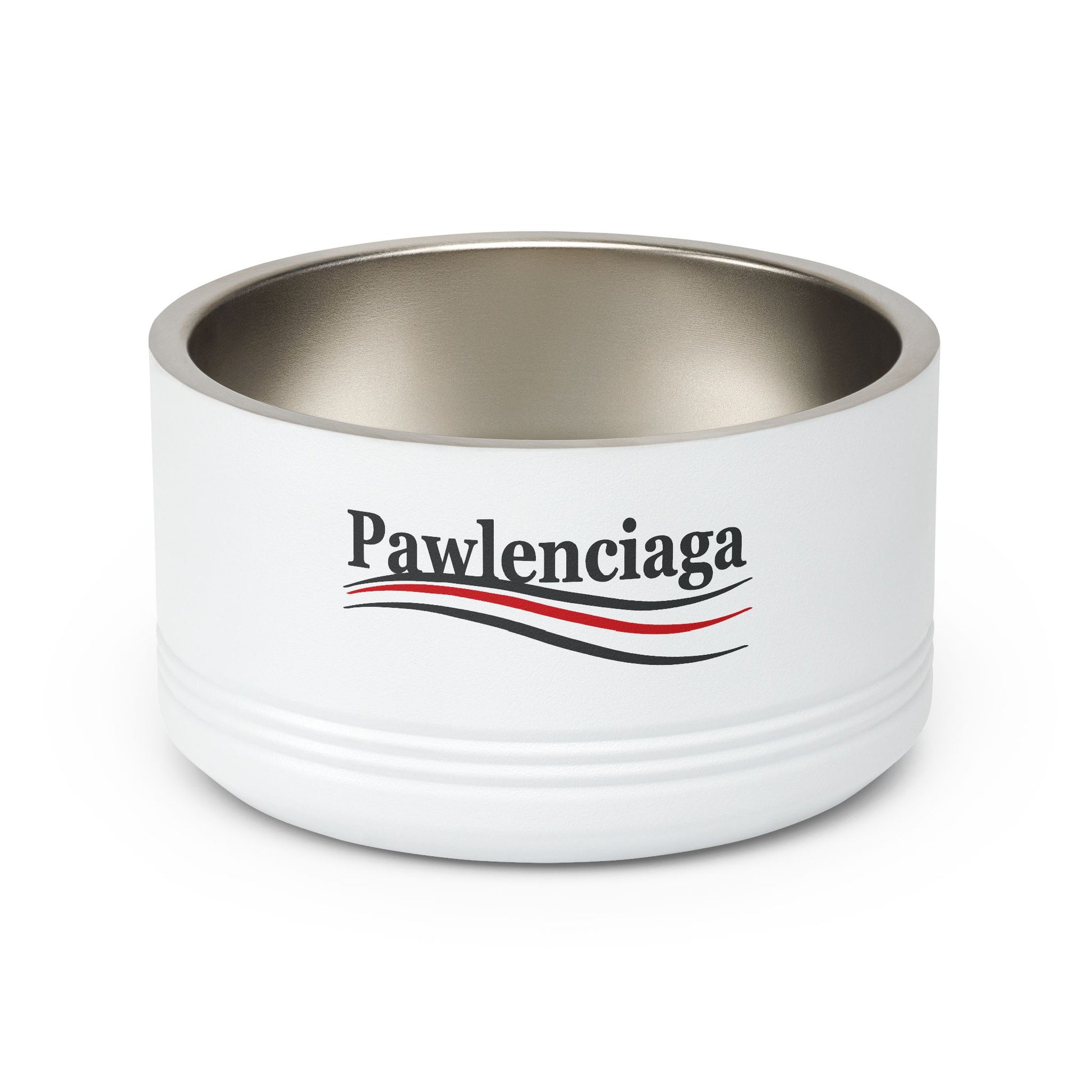 Pawlenciaga stainless steel designer cat and dog bowl in white color