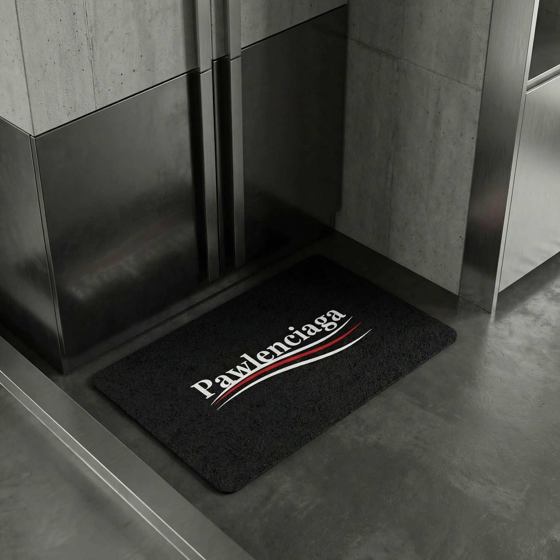 Pawlenciaga cat food mat black feeding mat in kitchen by Mad Cat Cartel