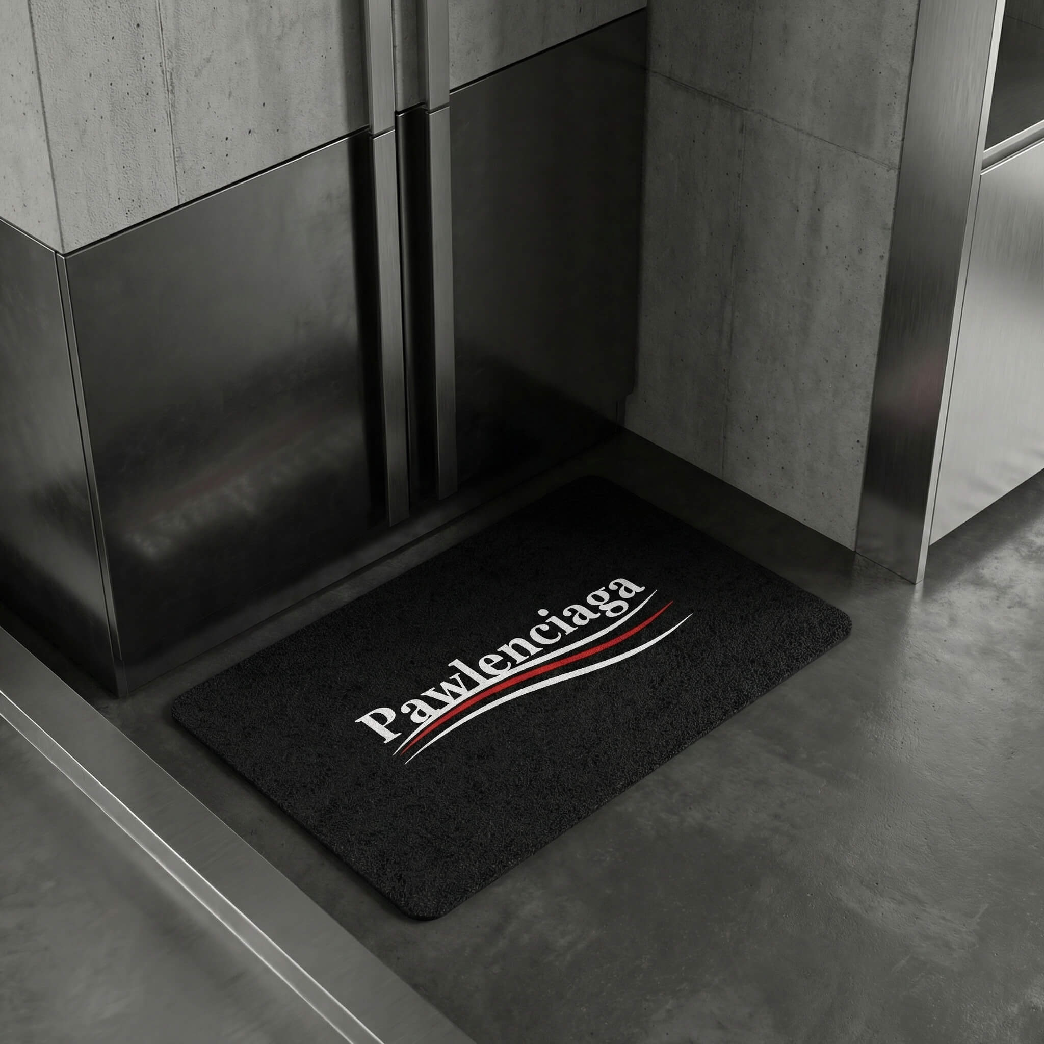 Pawlenciaga cat food mat black feeding mat in kitchen by Mad Cat Cartel