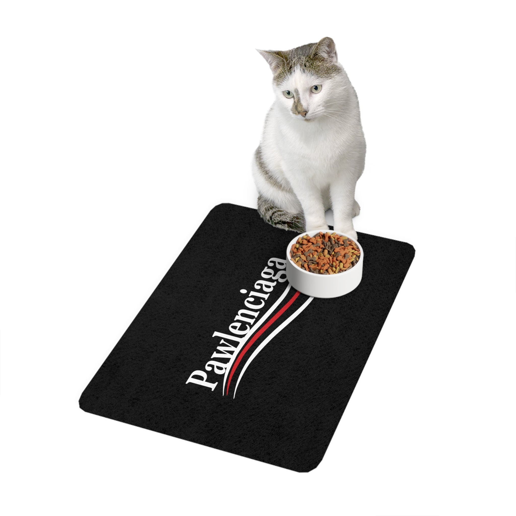 Pawlenciaga cat food mat with cat and bowl black feeding mat design by Mad Cat Cartel
