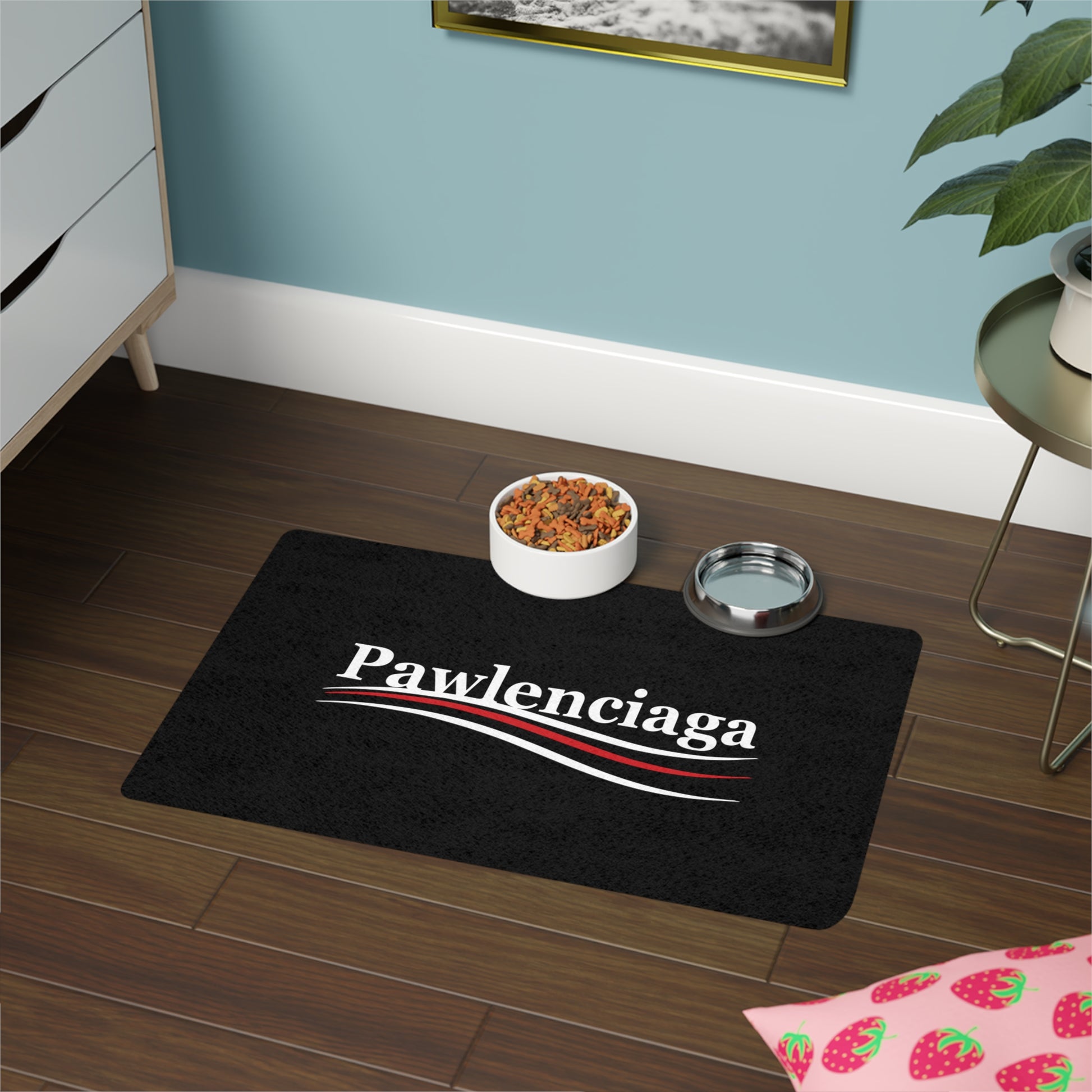 Pawlenciaga feeding mat black designer pet food mat with food and water bowls by Mad Cat Cartel